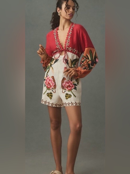 Anthropologie Pants - Anthropologie Pink and Cream Embroidered V-Neck Romper